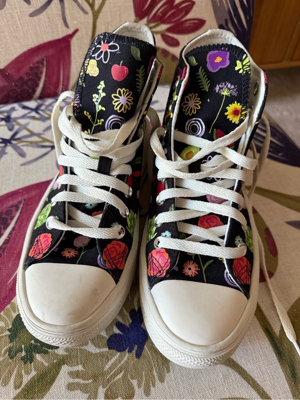 Black Floral High-Top Sneakers with Colorful Print